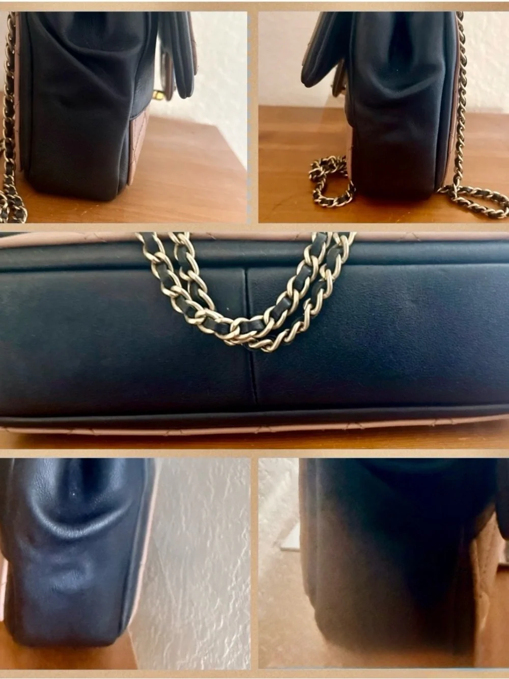 Authentic Chanel Quilted Flap Shoulder Bag - Beige with Black Trim